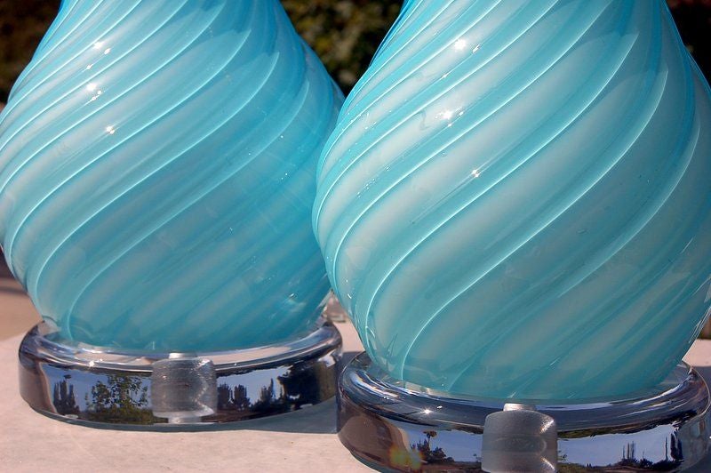 Italian Swirled & Ribbed Baby Blue Murano Lamps