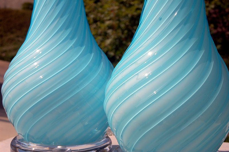 Murano Glass Swirled & Ribbed Baby Blue Murano Lamps