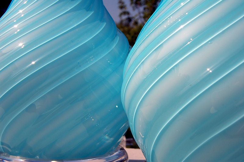 Swirled & Ribbed Baby Blue Murano Lamps In Excellent Condition In Little Rock, AR