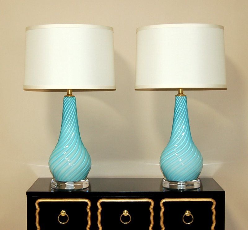 20th Century Swirled & Ribbed Baby Blue Murano Lamps