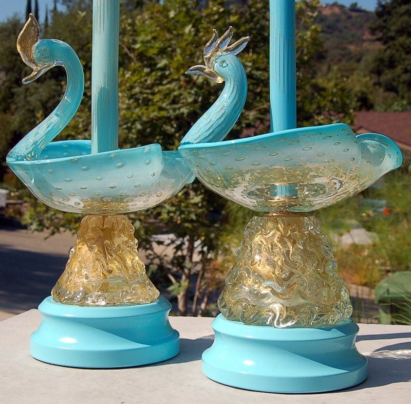 Mid-Century Modern Matched Pair of Swan Figurine Lamps in Robin's Egg Blue and Gold For Sale