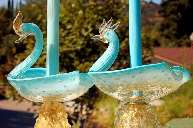 Matched Pair of Swan Figurine Lamps in Robin's Egg Blue and Gold