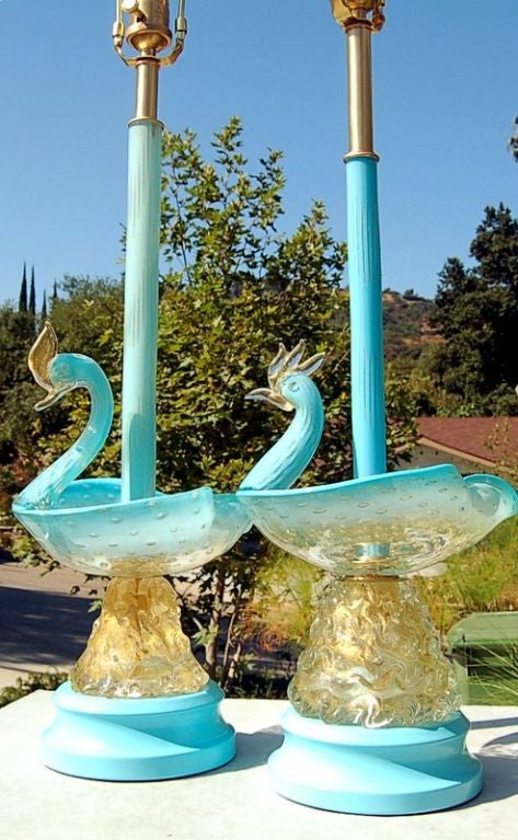 Italian Matched Pair of Swan Figurine Lamps in Robin's Egg Blue and Gold For Sale