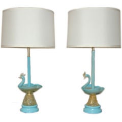 Vintage Matched Pair of Swan Figurine Lamps in Robin's Egg Blue and Gold