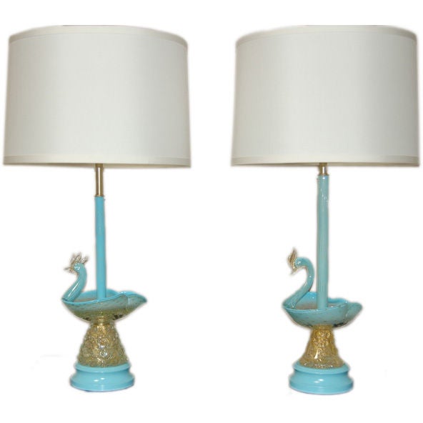 Matched Pair of Swan Figurine Lamps in Robin's Egg Blue and Gold For Sale