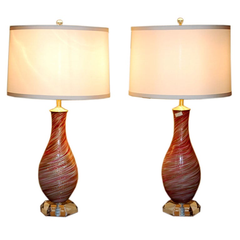 Archimede Seguso - Gold Kissed Raspberry Swirled Murano Lamps For Sale