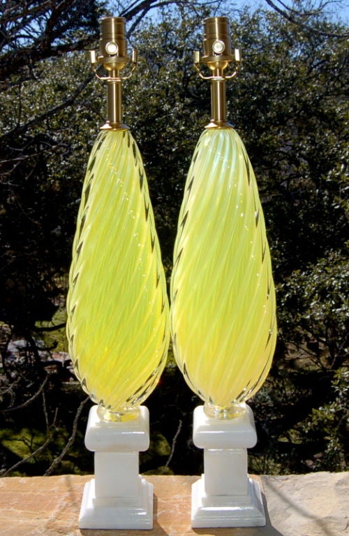 Italian Seguso Lemon Yellow Opaline Murano Lamps on Marble