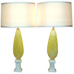 Vintage Seguso Lemon Yellow Opaline Murano Lamps on Marble