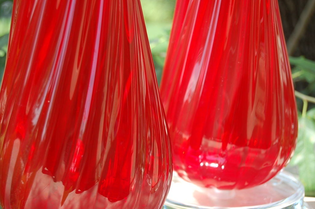 20th Century Matched Pair of Swirled Ruby Red Vintage Murano Lamps For Sale