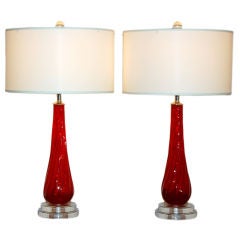 Matched Pair of Swirled Ruby Red Vintage Murano Lamps