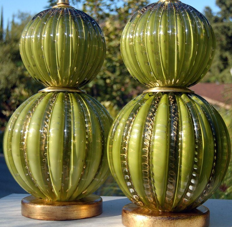 Italian Barovier & Toso Green and Gold Table Lamps