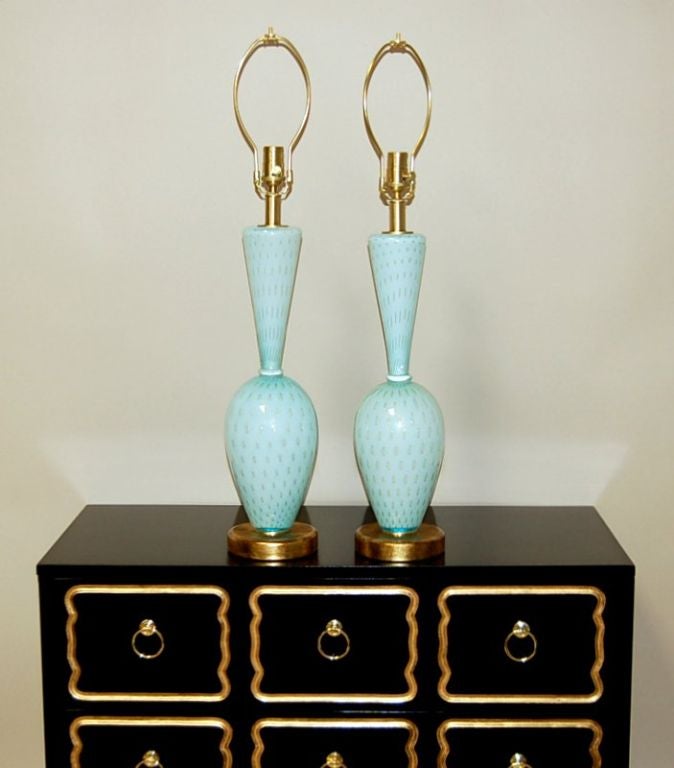 Mid-Century Modern Two-Piece Murano Lamps in Robin's Egg Blue with Gold