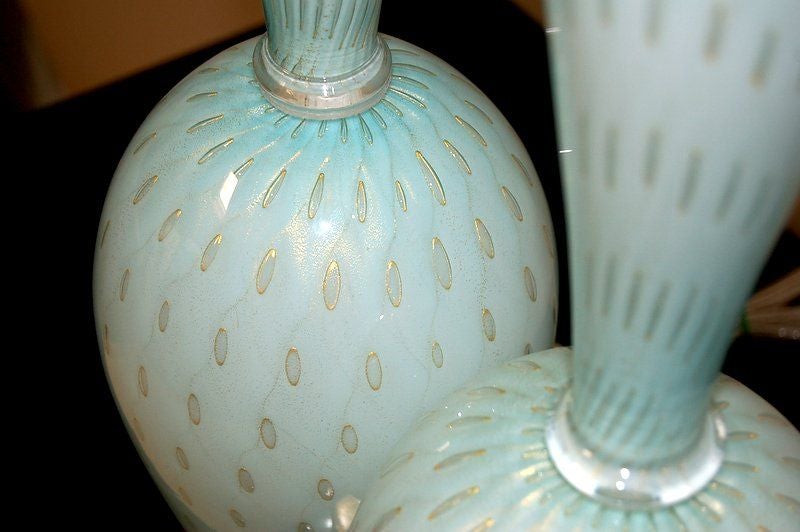 Two-Piece Murano Lamps in Robin's Egg Blue with Gold In Excellent Condition In Little Rock, AR