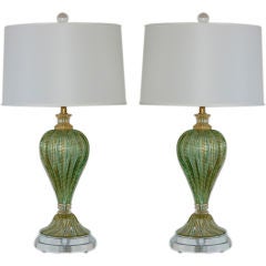 Dreamy Green and Gold Vintage Murano Lamps by Barovier & Toso