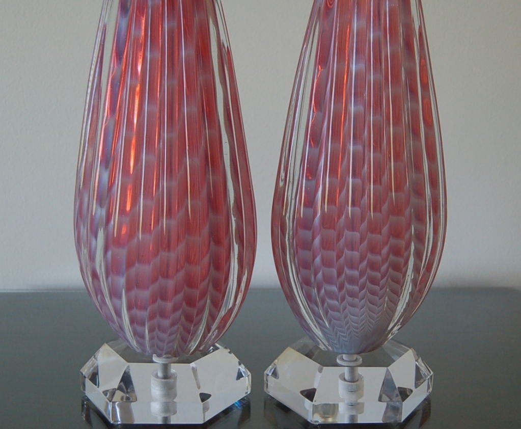 20th Century Seguso Rare Opaline Striped Murano Lamps in Pink Lemonade