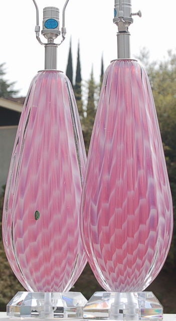 Seguso Rare Opaline Striped Murano Lamps in Pink Lemonade 4