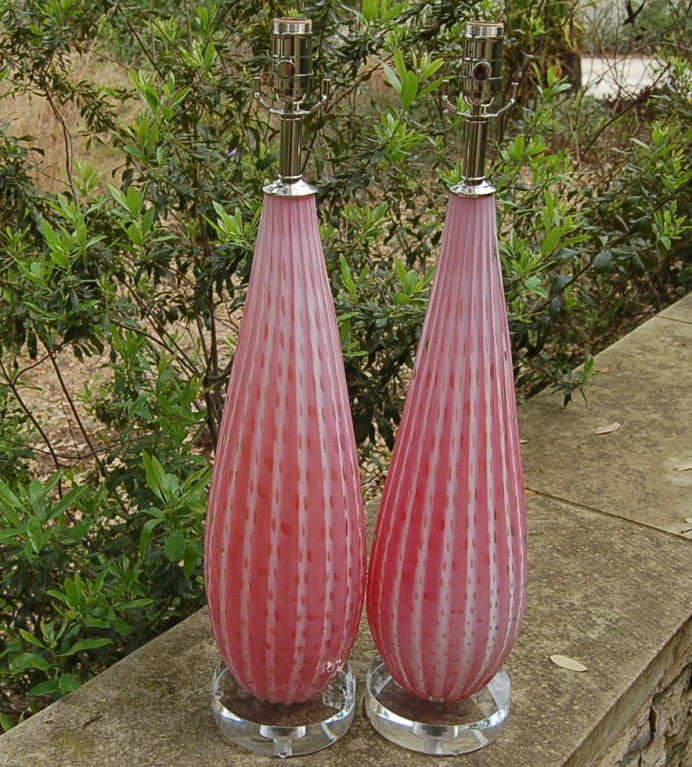 These are a very rich strawberry sherbet in color - a color extremely rare and difficult to achieve according to Balboa Company, the original importers.  The glass is heavily ribbed with loads of controlled bubbles - they are absolutely gorgeous! 