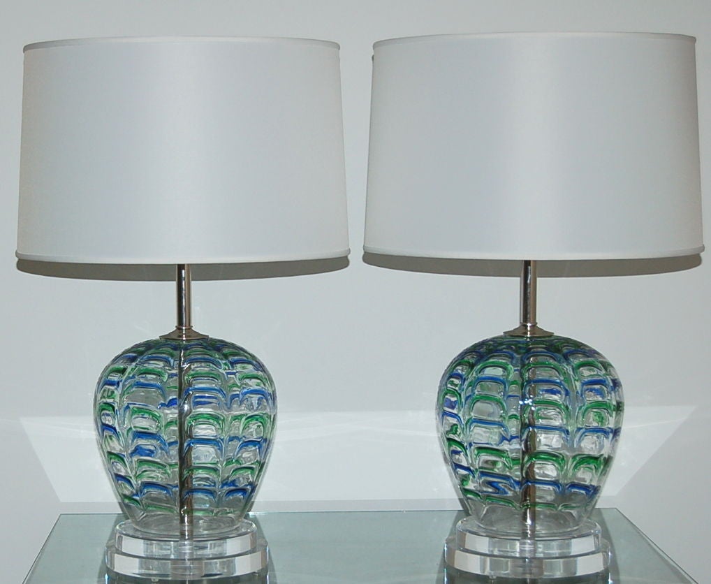 Mid-Century Modern Matched Pair of Vintage Murano Lamps with Blue & Green Applied Drips For Sale
