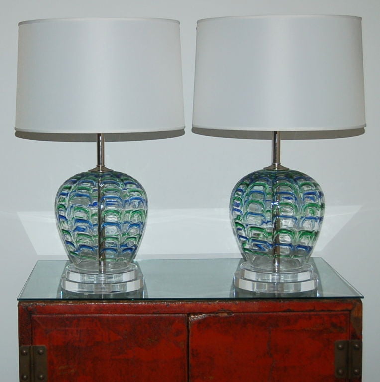 Italian Matched Pair of Vintage Murano Lamps with Blue & Green Applied Drips For Sale