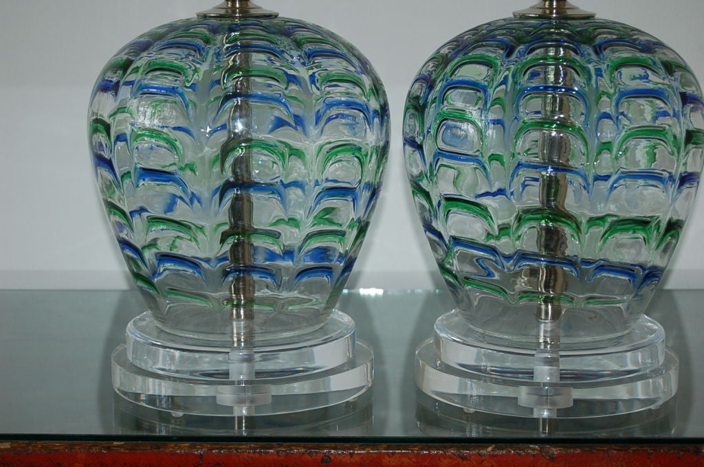 Matched Pair of Vintage Murano Lamps with Blue & Green Applied Drips In Excellent Condition For Sale In Little Rock, AR