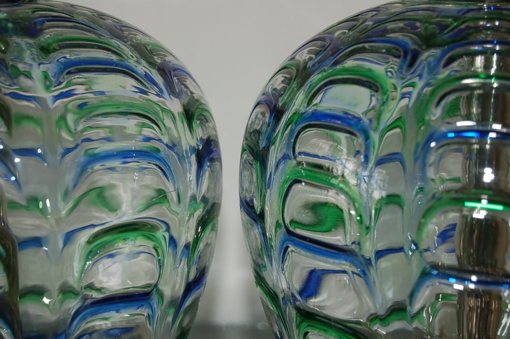 20th Century Matched Pair of Vintage Murano Lamps with Blue & Green Applied Drips For Sale