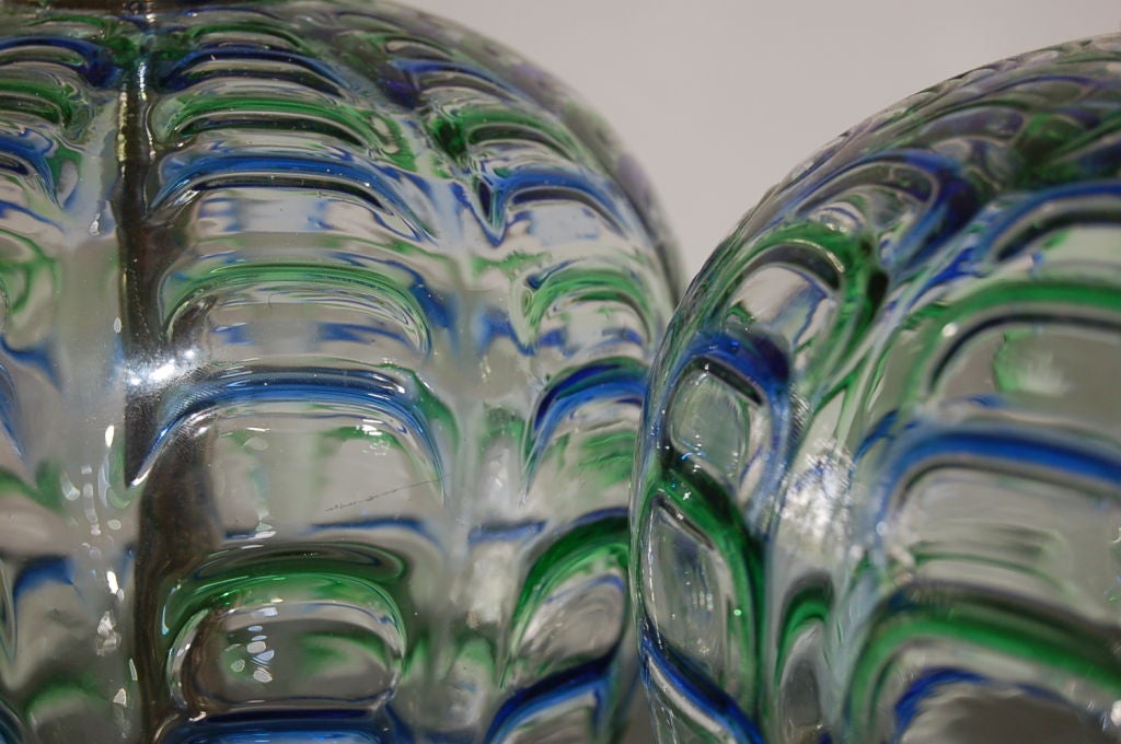 Brass Matched Pair of Vintage Murano Lamps with Blue & Green Applied Drips For Sale