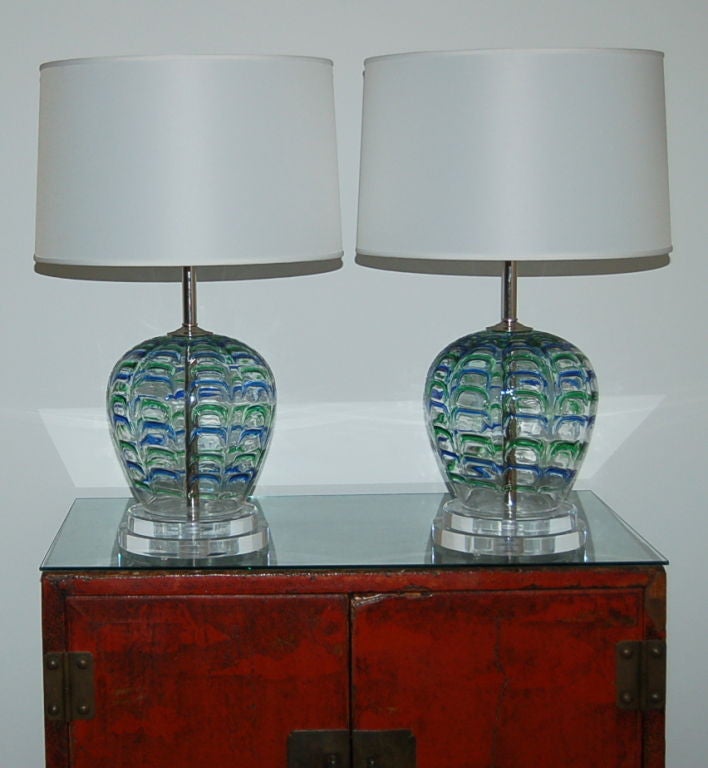 Matched Pair of Vintage Murano Lamps with Blue & Green Applied Drips For Sale 2
