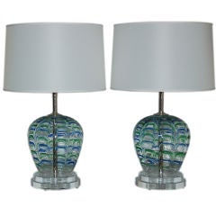 Matched Pair of Vintage Murano Lamps with Blue & Green Applied Drips