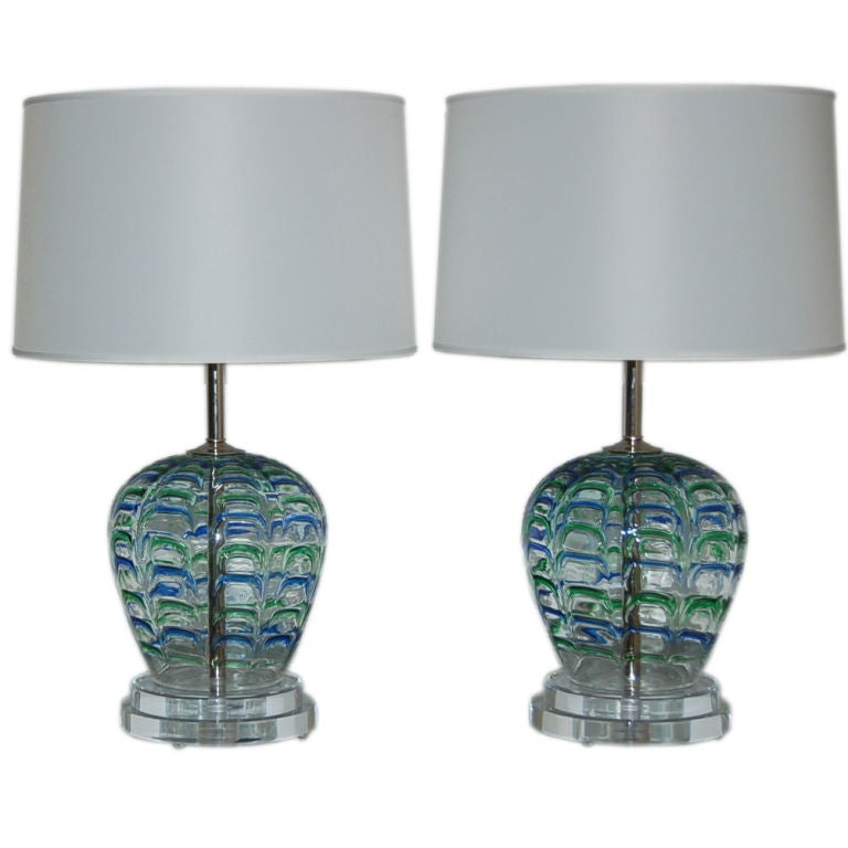 Matched Pair of Vintage Murano Lamps with Blue & Green Applied Drips For Sale