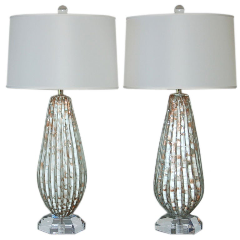 Matched Pair of Vintage Murano Table Lamps in Vanilla and Copper For Sale