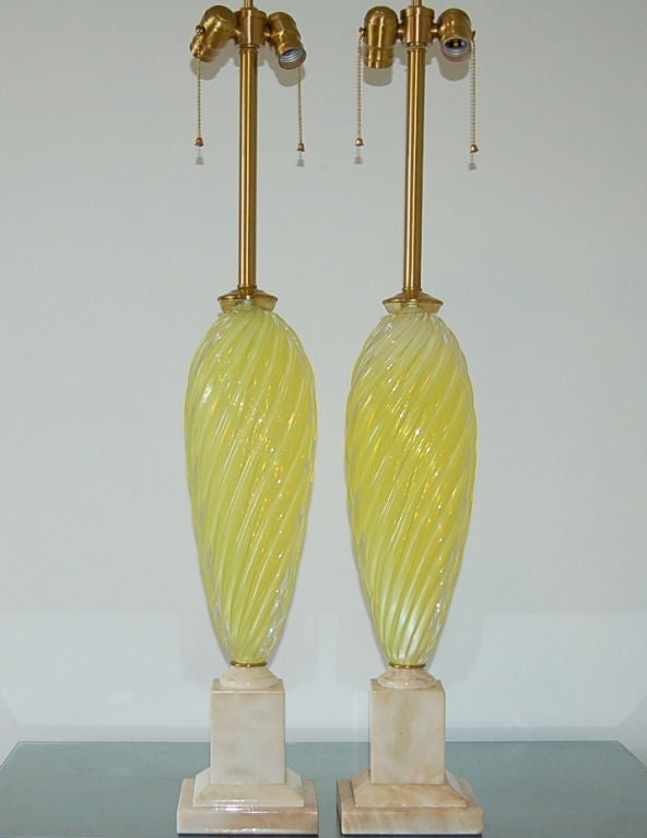 Italian Matched Pair of Seguso Lemon Yellow Opaline Murano Lamps For Sale
