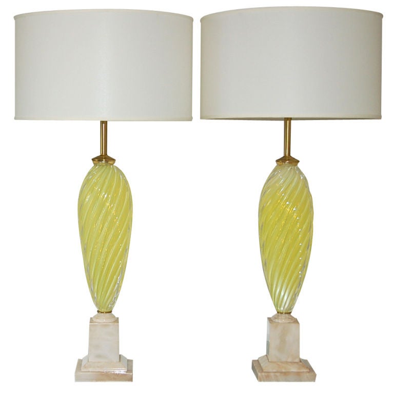 Matched Pair of Seguso Lemon Yellow Opaline Murano Lamps For Sale