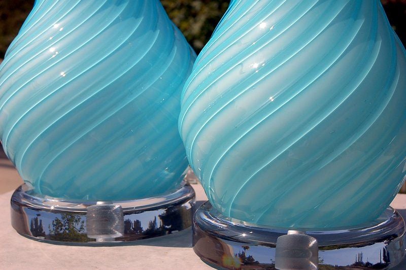 Vintage Robins Egg Blue Murano Lamps by Seguso In Excellent Condition In Little Rock, AR