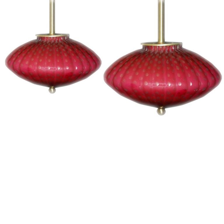 Vintage Space Age Murano Pendant Lamps in Raspberry For Sale