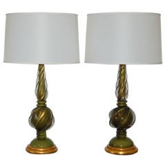 Vintage Marbro Table Lamps in Green and Gold by Seguso