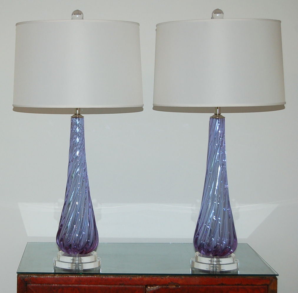 Our very last pair. Alexandrite glass changes color depending on surrounding light. In natural light these lamps are a wonderful SOFT ORCHID. Under certain lighting the lamps become a VIOLET BLUE.  Our images show the different colors in natural