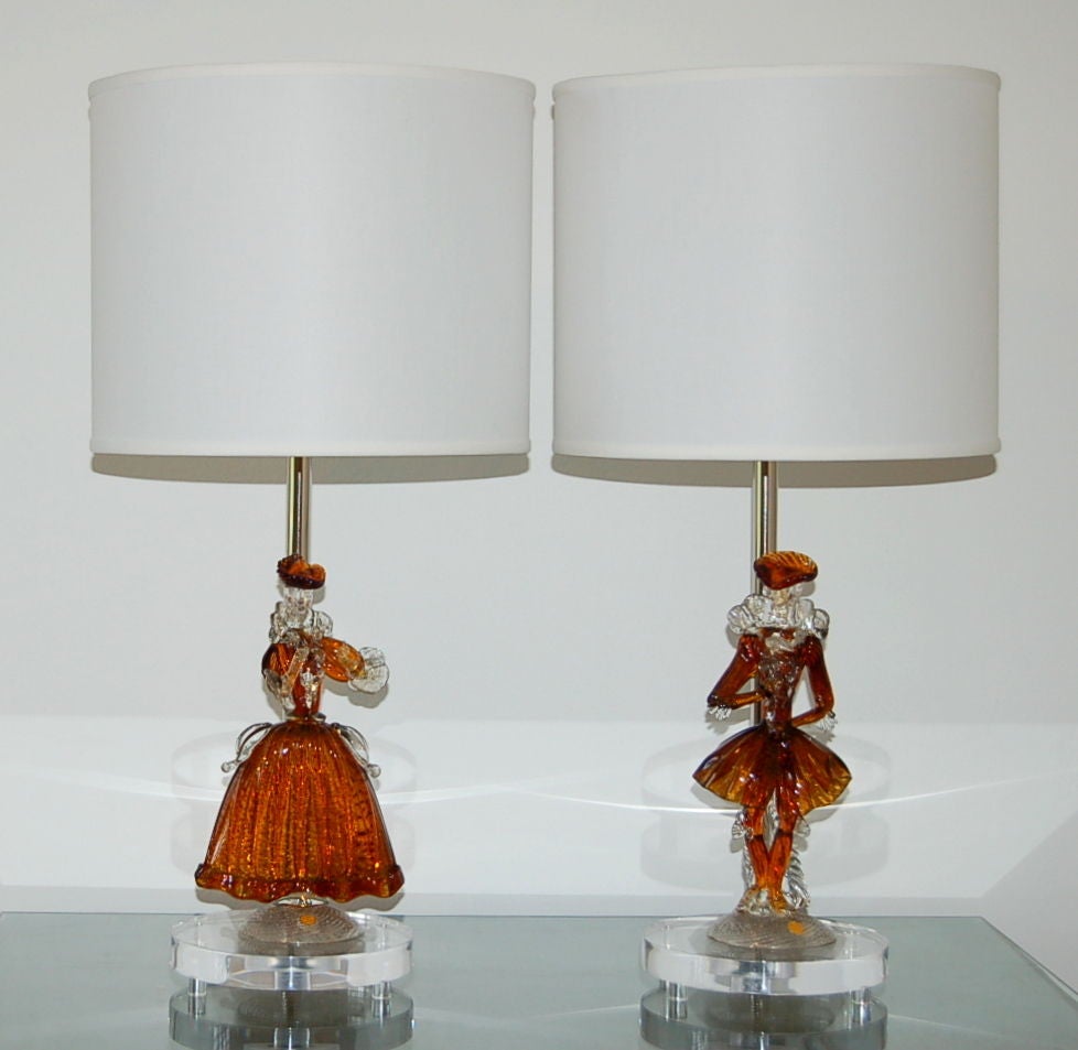 Matched pair of male and female vintage figurines, circa 1953, in COGNAC and GOLD.  They will make an elegant and whimsical accent to your decor.

We can set these up as Figurine Lamps, as shown in photos, at extra cost.