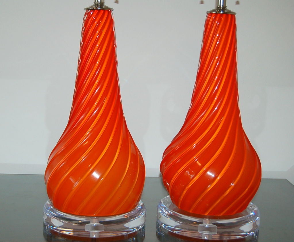 Italian Red Orange Vintage Murano Lamps by Seguso For Sale