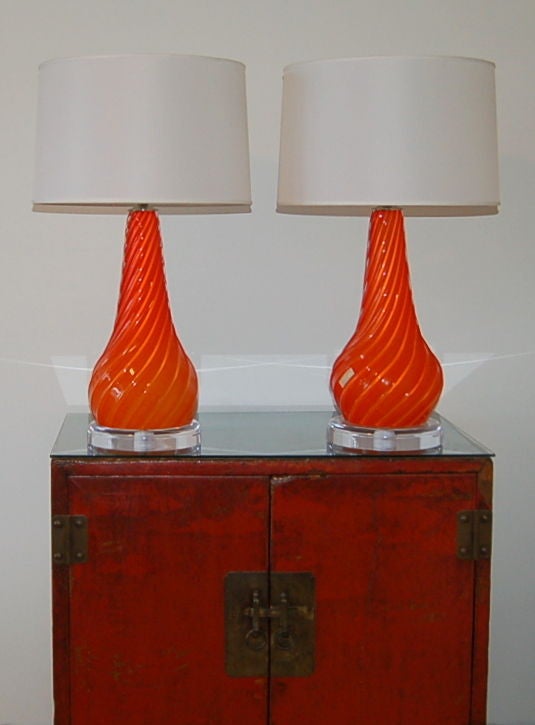 Murano Glass Red Orange Vintage Murano Lamps by Seguso For Sale