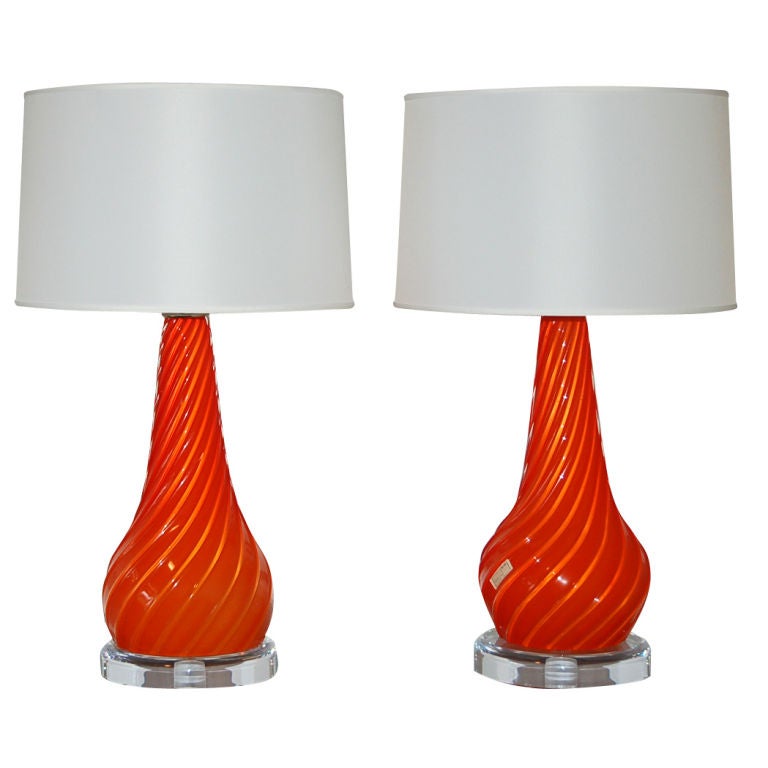 Red Orange Vintage Murano Lamps by Seguso For Sale