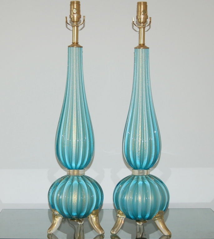 These lamps are so gorgeous I am practically speechless, and that never happens.  The color is what makes them so magical and the awesomeness of the blue does not show in these photos AT ALL.  <br />
<br />
Those who know vintage Murano lighting