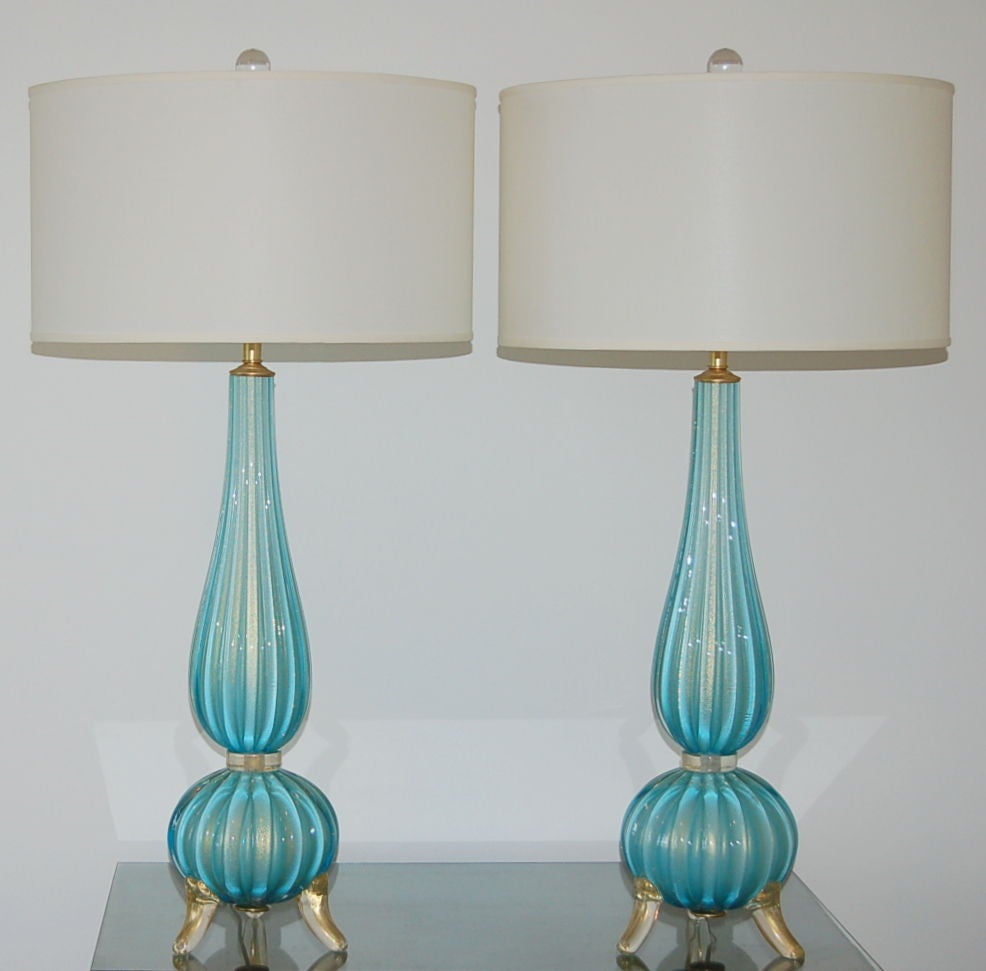 Italian Classic 3 Foot Murano Lamps in Light Blue with Gold