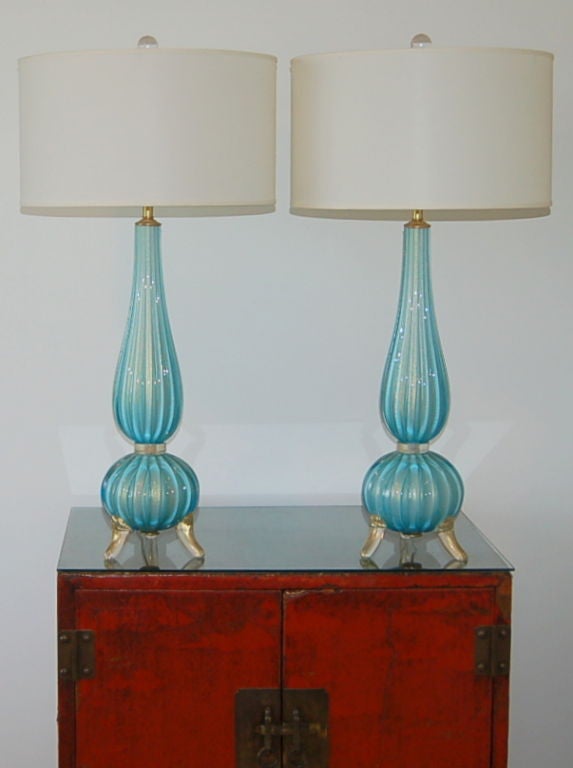 Contemporary Classic 3 Foot Murano Lamps in Light Blue with Gold