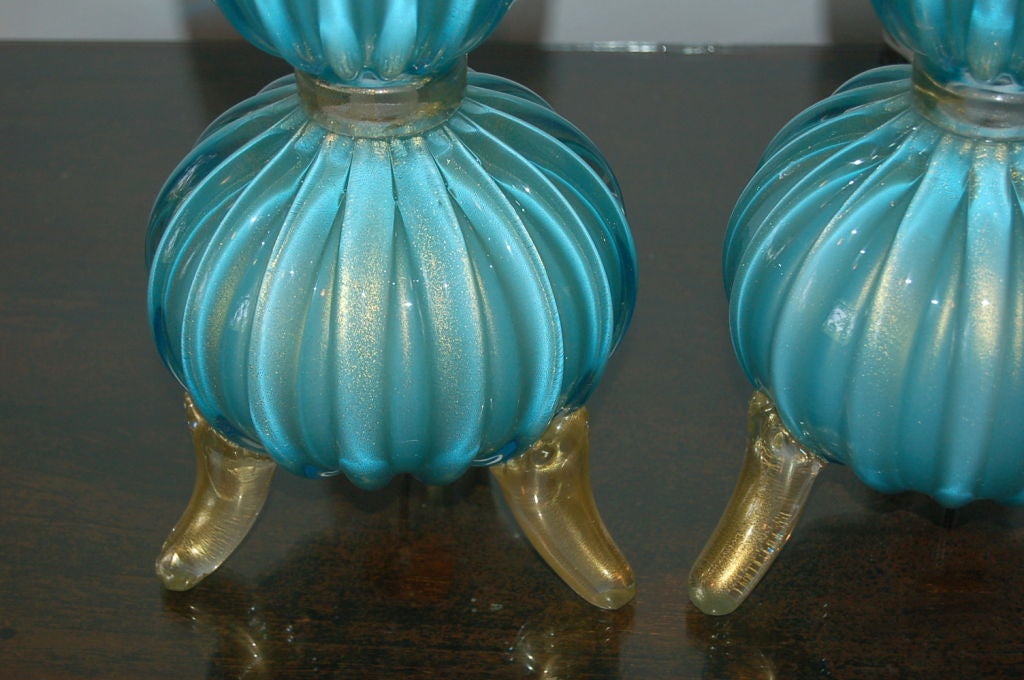 Murano Glass Classic 3 Foot Murano Lamps in Light Blue with Gold