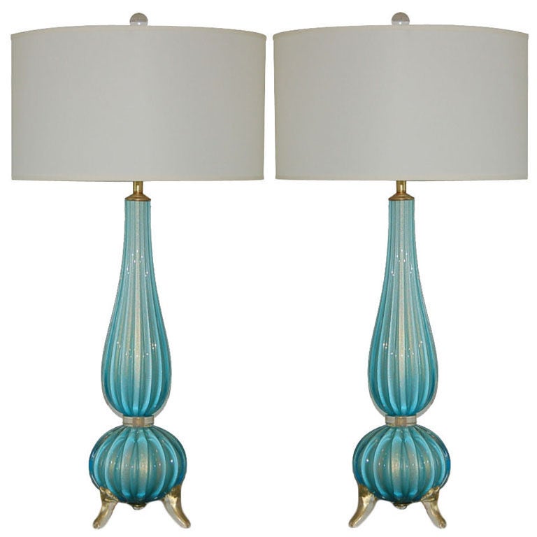 Classic 3 Foot Murano Lamps in Light Blue with Gold