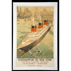 Original 'French Line CGT-Southampton to New York' poster, 1936