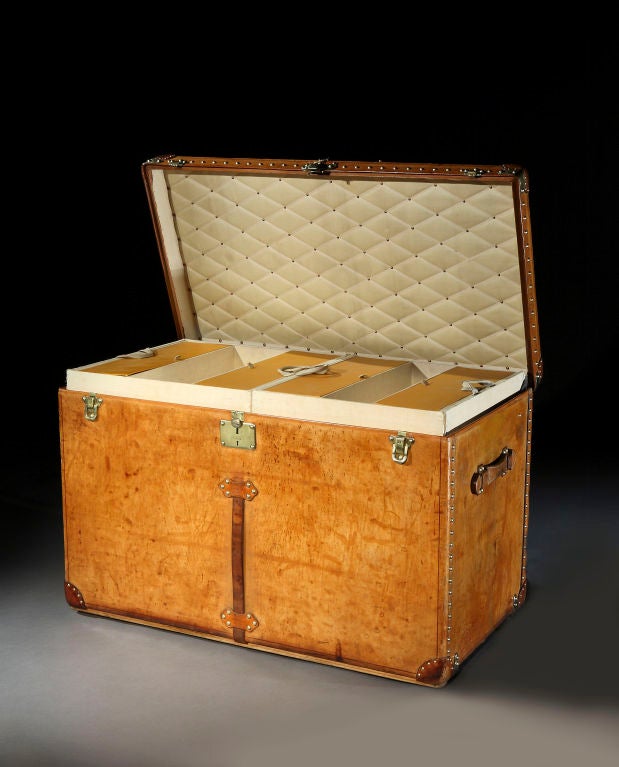 An exceptional and very rare all-leather ‘Malle Haute Courier’ in superbly conserved condition both inside and outside, with all-brass trim and leather handles, the interior with an array of removable trays and boxes.