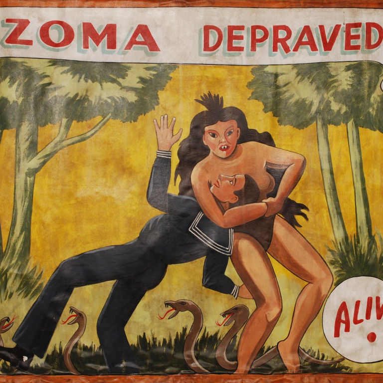 This is a superb recreation of the early Sideshow Banners found at Fairs, Carnivals and Circuses around the country. The image depicts the depraved Zoma with a sailor in a head lock surrounded by snakes. This heavy canvas banner has a wide sewn seam