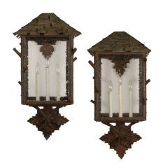 Pair of Large Iron Wall Sconces with Copper Roofs