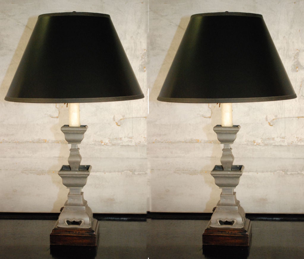 Chinese Pewter Candlestick Lamps, 19th c